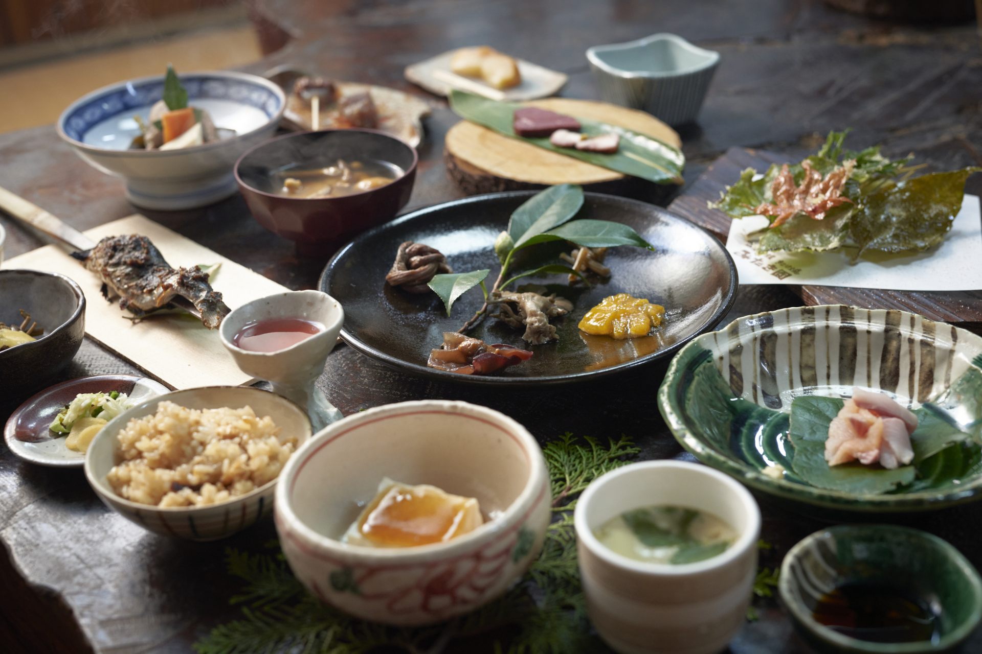 De nombreux plats de campagne soigneusement préparés à la main avec les bénédictions de Satoyama