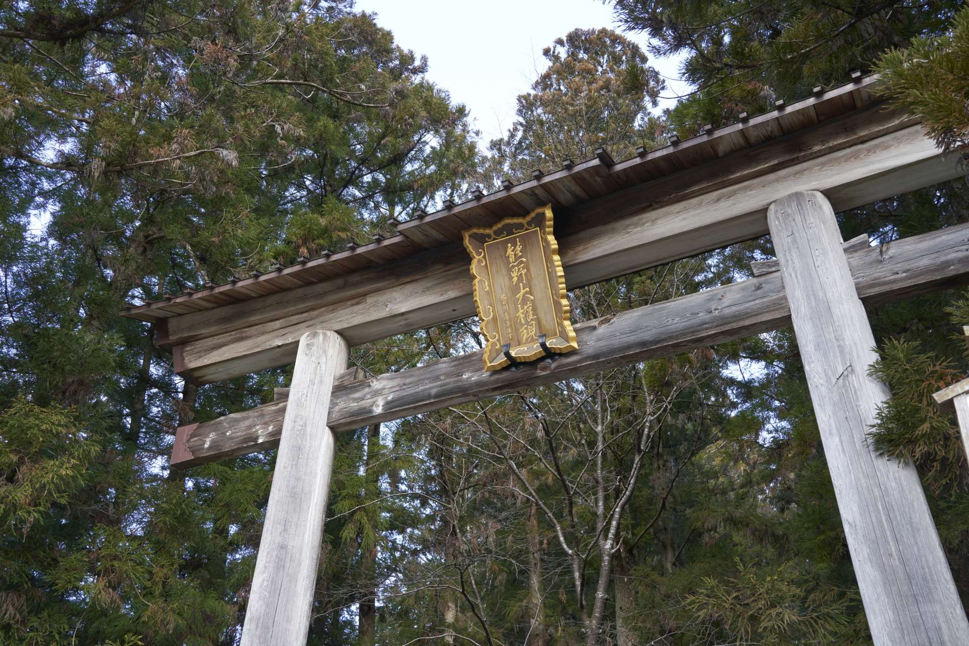 Les mots `` Kumano Daigongen '' écrits sur la première plaque torii à Kumano Hongu Taisha