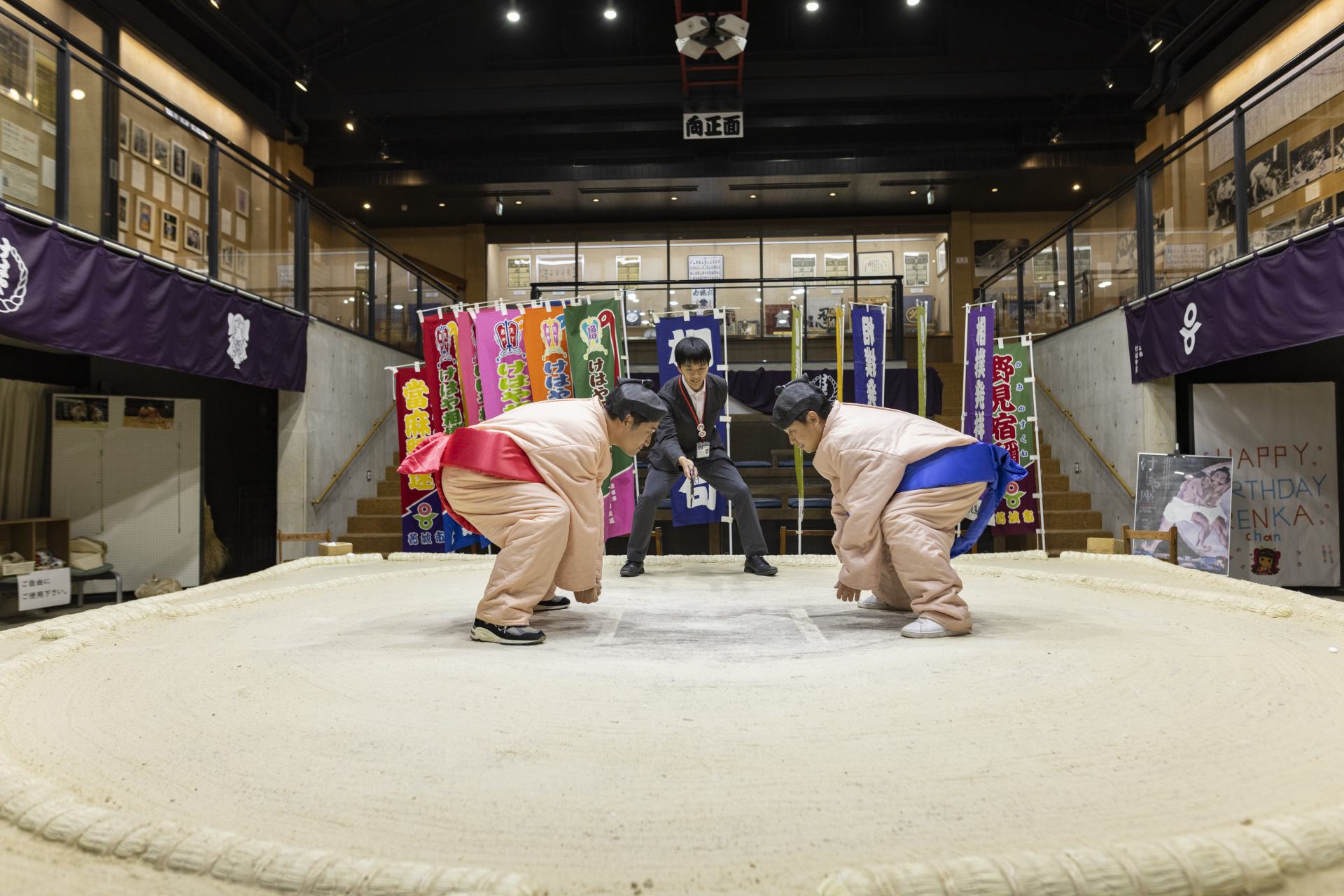 Trying our hand at sumo at the Kehayaza Sumo Museum, a unique place where visitors are allowed on the dohyo stage. 