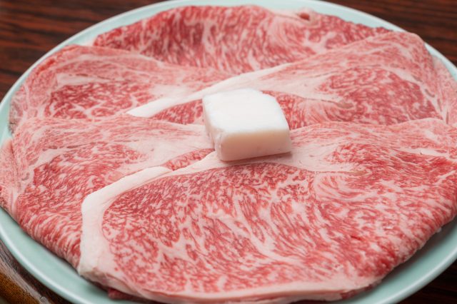 Marbled Matsuzaka beef, which has a beautiful "Sashi" (marbling) in the shape of a net.