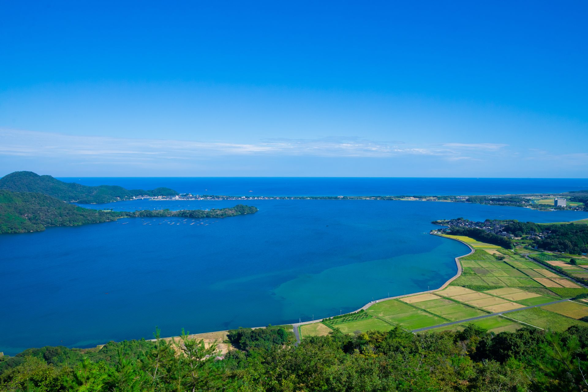 Kumihama Bay from the observation platform. The local specialty, oyster, in cages, rice patches and the calming scenery is so soothing.