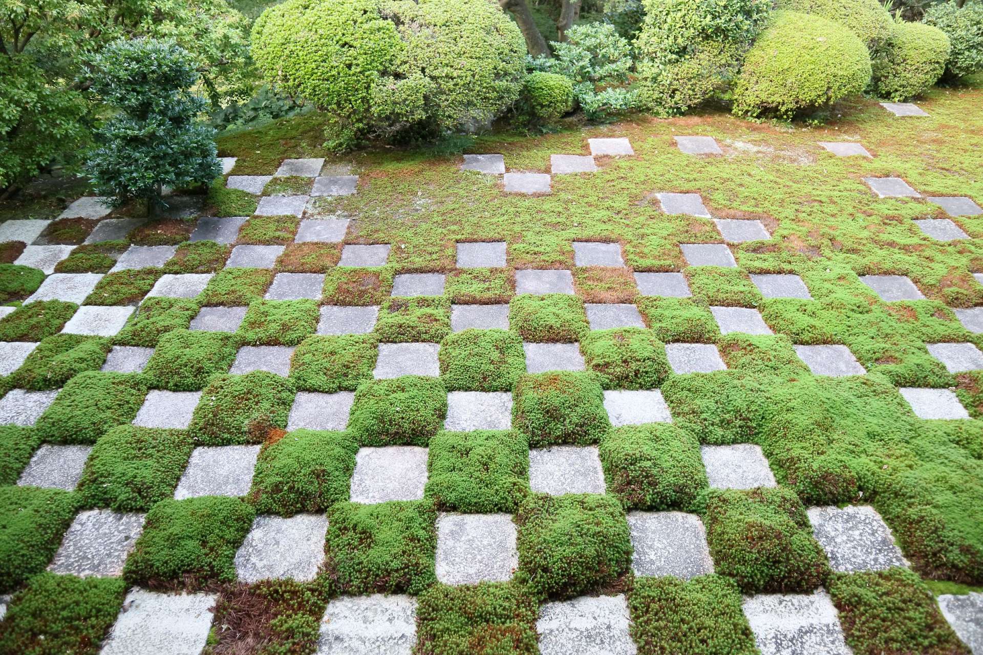 West Garden of Tofukuji Hojo Garden, also known as Hasso-no-Niwa.
The checkered pattern of stones and moss creates an impressive effect.
（c）Chisao Shigemori

