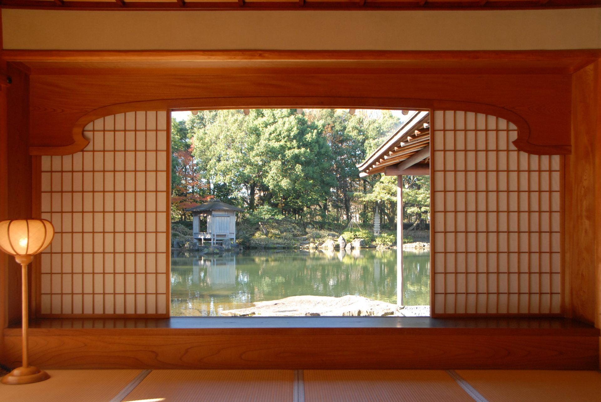 The garden view from inside the Comb-Shaped Room (Kushigata-no-Ma)