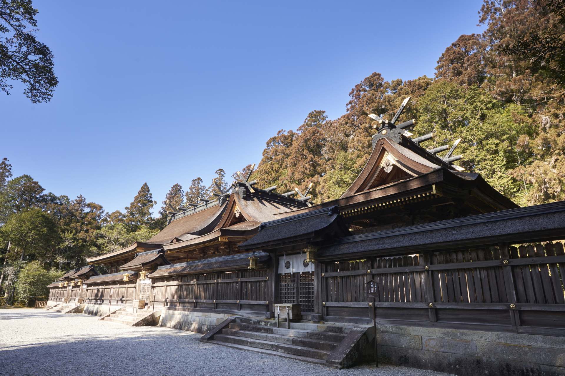 以神社森林為背景，柏樹皮茅草屋和權現造神社建築並排排列。第三殿Shoseiden是中央的正殿。