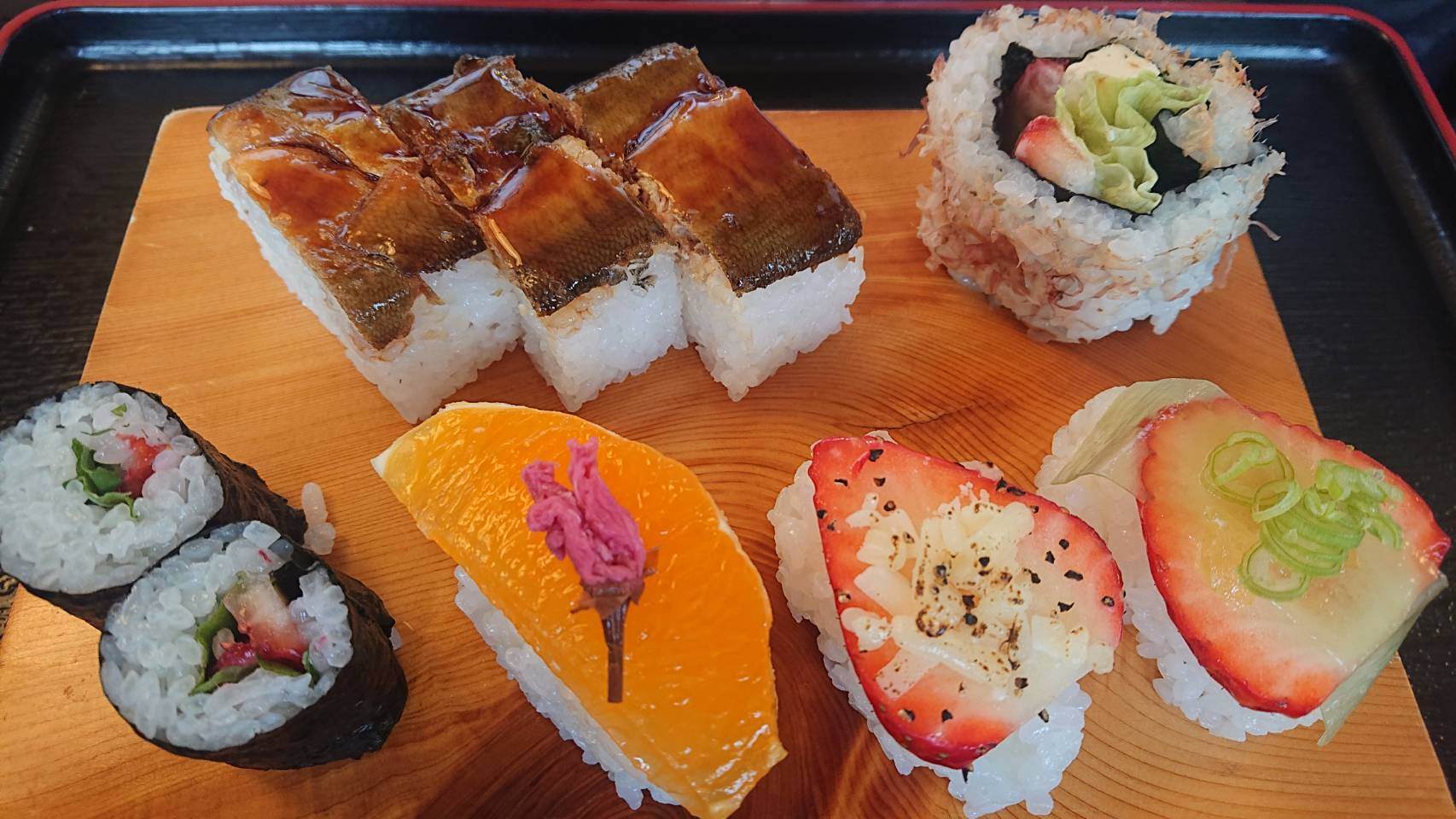 Fruit sushi, a local specialty featuring seasonally fresh fruit. 