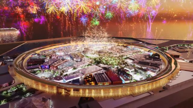 The latest design of the Expo 2025 Osaka, Kansai, Japan site in 3DCG format of fly-through video