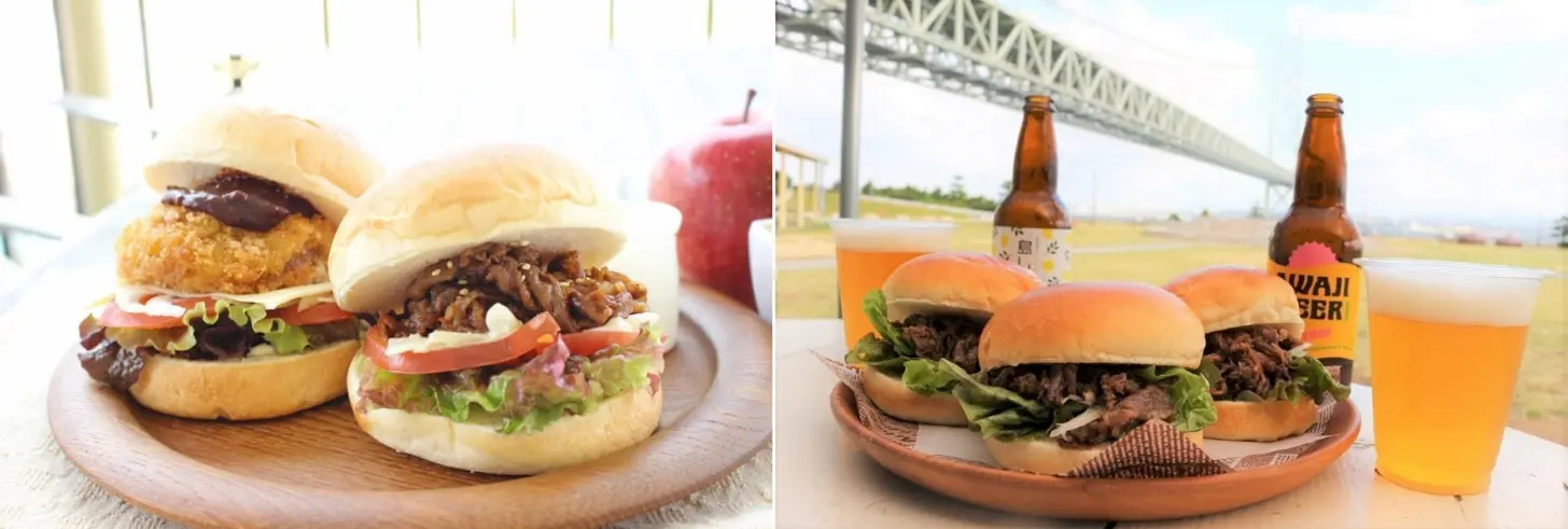 A burger made with Awaji beef along with Awaji Beer