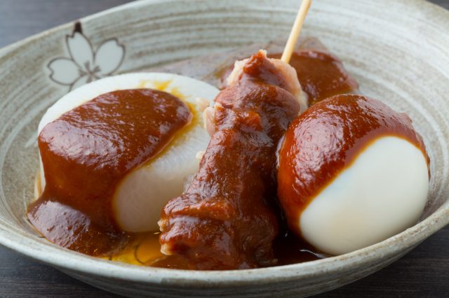 Delicious oden with secret miso sauce.