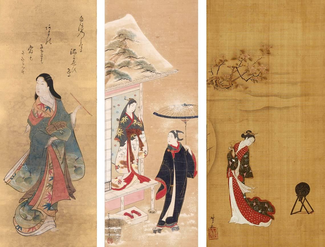 (左)「美人図」蹄斎北馬、(中央)「雪中に美人」 宮川一笑、(右)「桃下美人聴香図」斎夕常貞