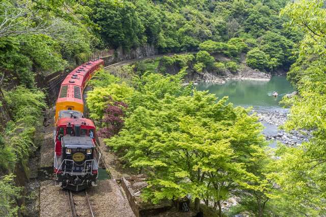 トロッコ亀岡～トロッコ保津峡　新緑の保津峡の風景
(c) Sagano Scenic Railway Co.,Ltd.