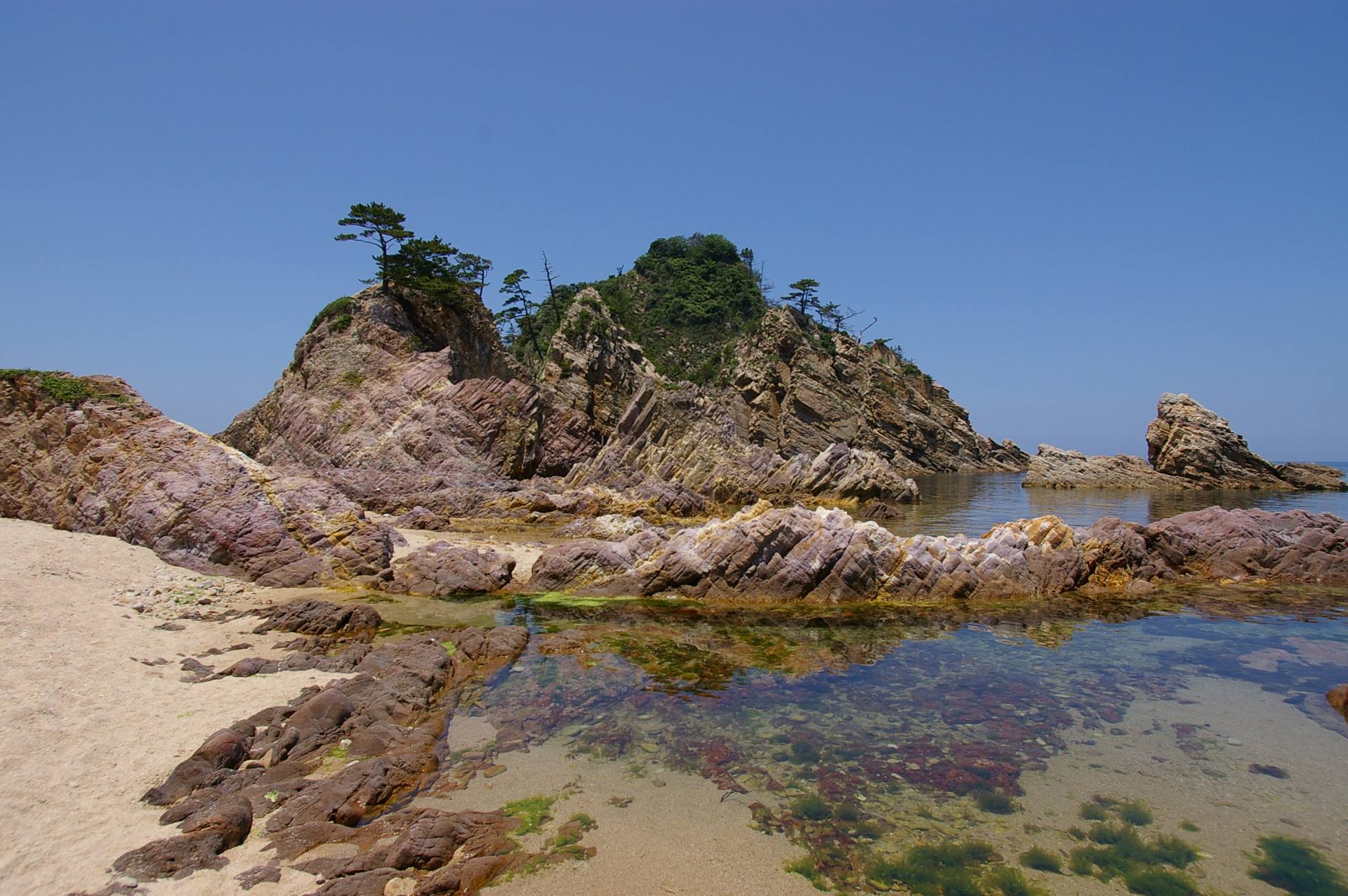 白い岩と青い海と松のコントラストが美しい「城原海岸」。海岸の北側には陸に連なる島々「菜種五島」があり、沖合の一番大きな菜種島は、春になると断崖に菜の花が咲き誇ります。